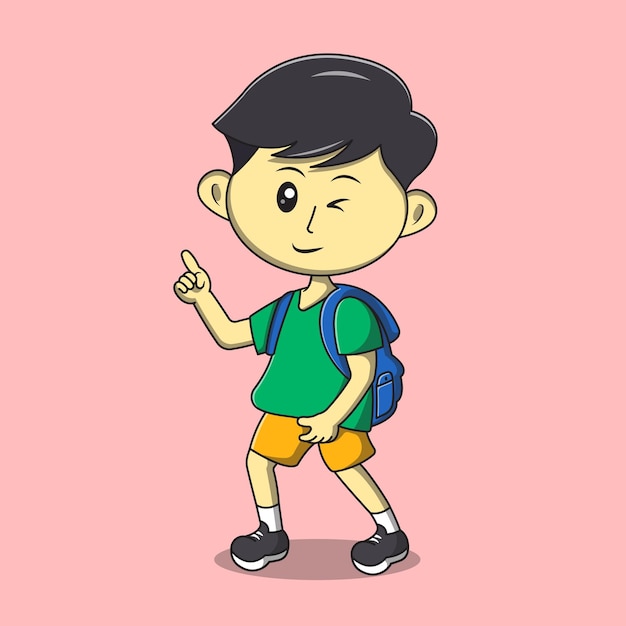 Cute boy student wearing backpack cartoon illustration