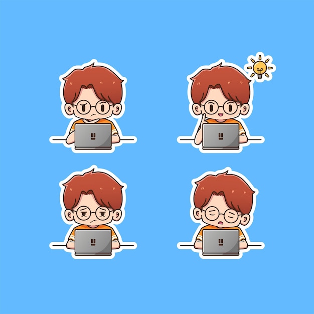 Cute boy studying on laptop icon illustation