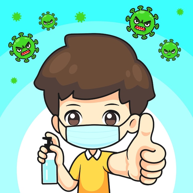 Cute Boy wear mask and alcohol gel with thunb up for protect the virus, kawaii cartoon character for  illustration