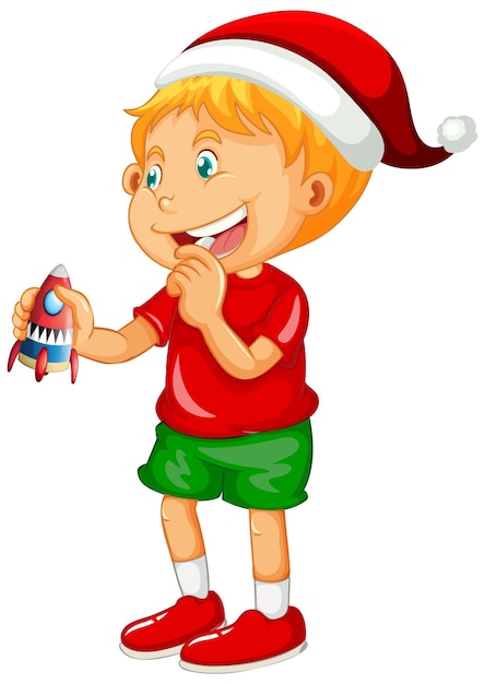 Cute boy wearing Christmas hat and playing with his toy on white background