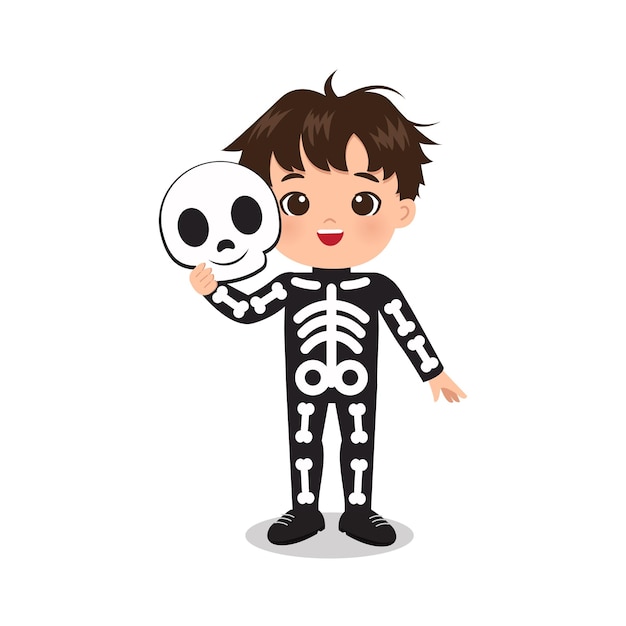 Cute boy wearing Halloween skeleton costume