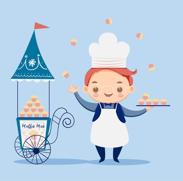 Cute boy with chef hat and the muffin shop cartoon character