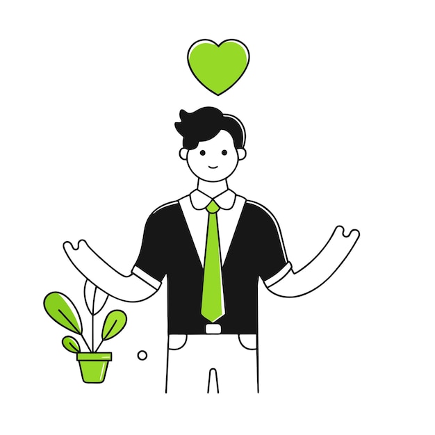 Vector cute boy with heart and plant business illustration