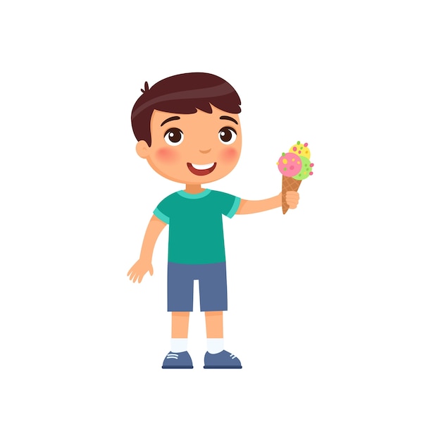 Cute boy with ice cream. Happy child with sweet summer dessert cartoon character. Little kid holding refreshing gelato in waffle cone