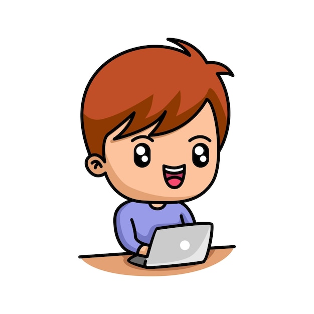 Cute boy working with laptop cartoon