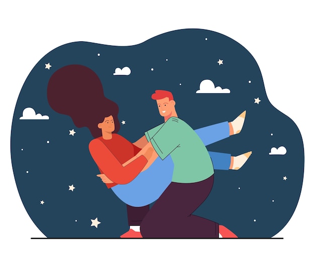 Cute boyfriend and girlfriend on date in evening. Couple hugging, night sky in background flat vector illustration. Love, romance, relationship concept for banner, website design or landing web page