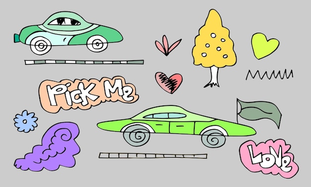 cute boys doodle drawing with car, truck, trees and pick me text.