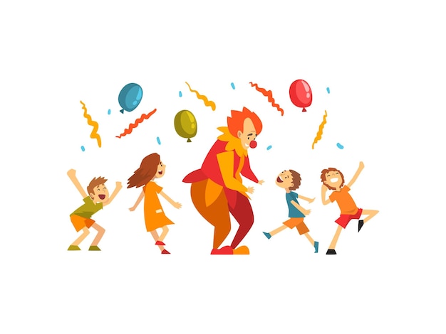 Cute Boys and Girl Celebrating Kids Party Happy Children Having Fun with Clown at Birthday Carnival Party or Circus Performance Vector Illustration on White Background