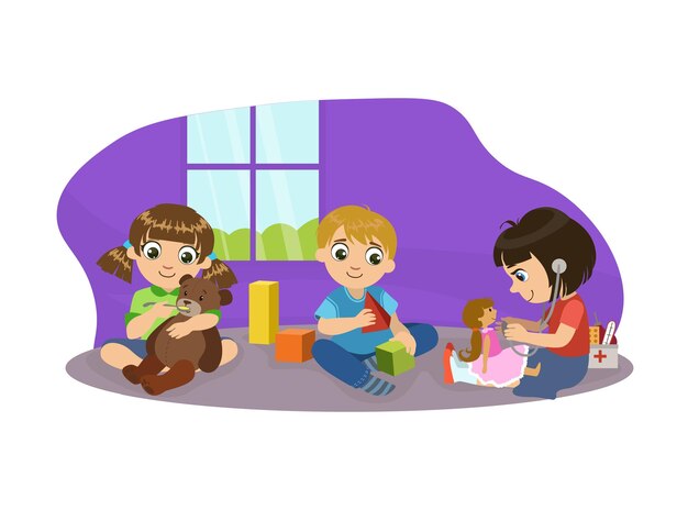 Cute Boys and Girl Sitting on Floor and Playing with Toys in Playroom Kids Kindergarten Activities Vector Illustration Web Design