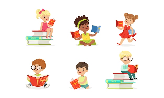 Cute Boys and Girls Reading Books Set Kids Sitting on Floor Enjoying of Reading Literature and Learning Cartoon Vector Illustration