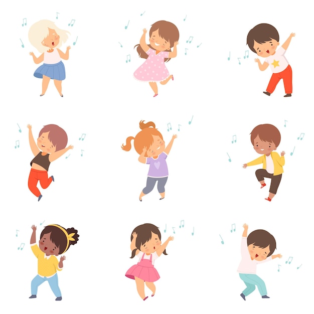 Cute Boys and Girls Singing and Dancing Set Adorable Children Having Fun and Enjoying Listening to Music Cartoon Vector Illustration