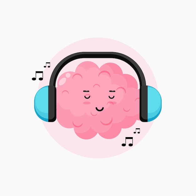 Cute brain character listening to music