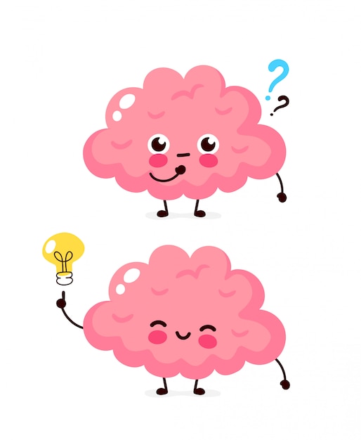 Cute brain with question mark and lightbulb character. 