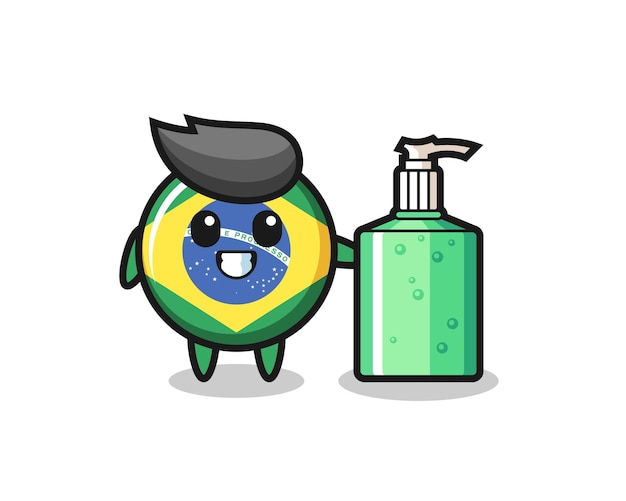 Cute brazil flag badge cartoon with hand sanitizer