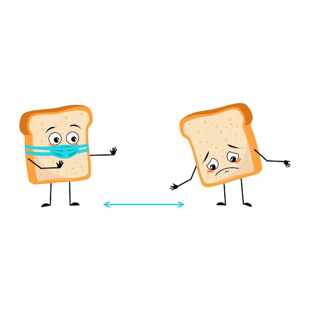 Cute bread character with face in medical mask keep distance arms and legs Baking person homemade pastry with care expression Vector flat illustration