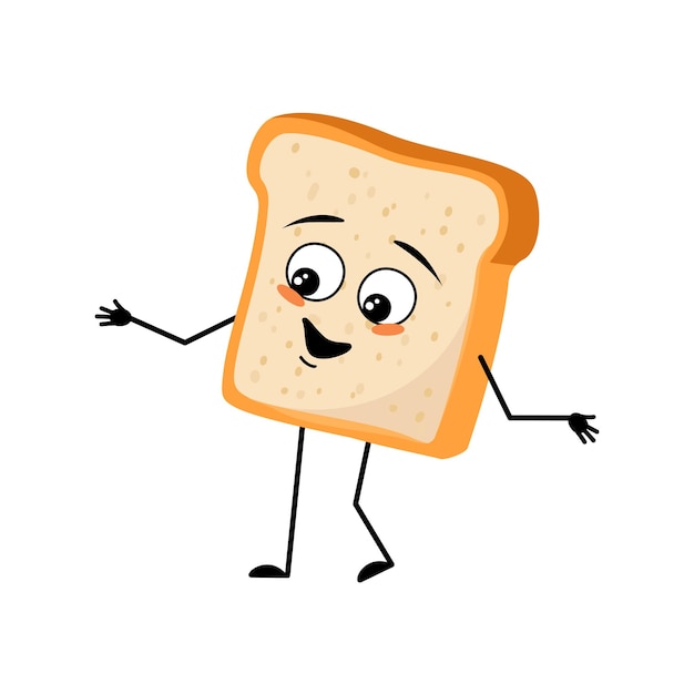 Cute bread character with joyful emotions happy face smile arms and legs Bakery homemade pastry with funny expression and pose Vector flat illustration