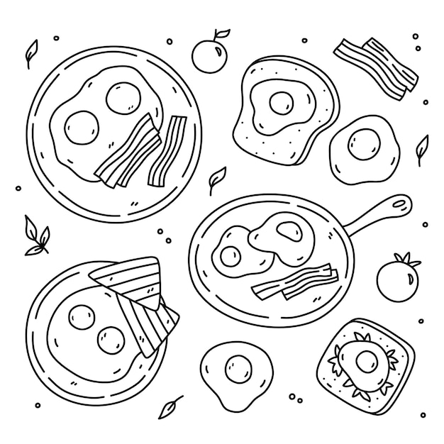 Cute breakfast set with fried eggs bacon toast and tomatoes hand drawn doodle illustration