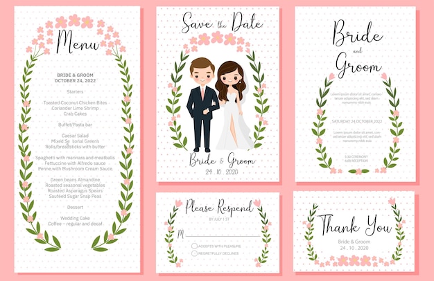 Cute bride and groom cartoon with wedding inviation card template set