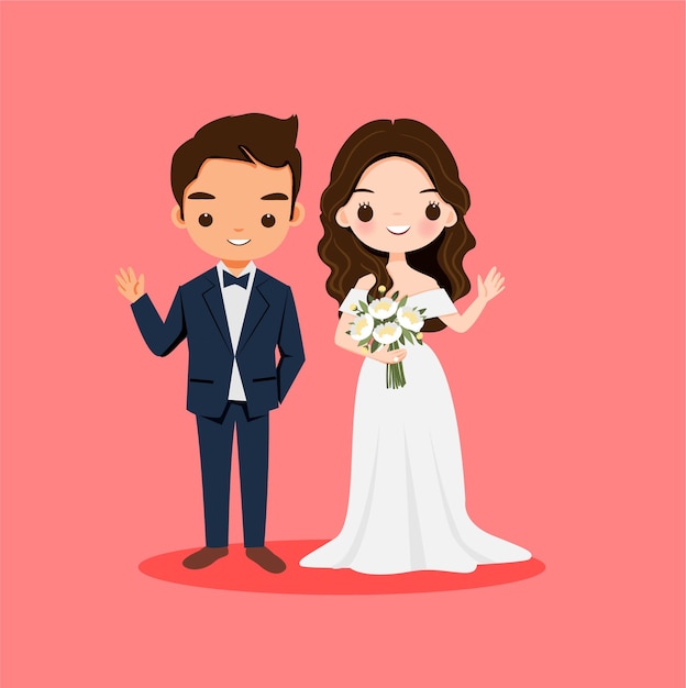 Cute bride and groom couple in wedding dress cartoon character