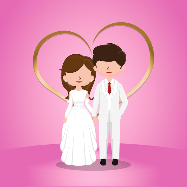 cute bride and groom couple in wedding dress cartoon character