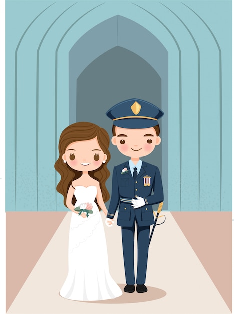 Cute bride and groom in military uniform cartoon character