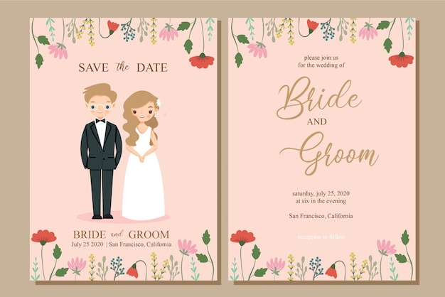 Cute bride and groom with flower wedding invitation card template