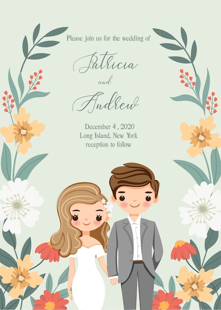 Cute Bride and groom with flower wedding invitation card