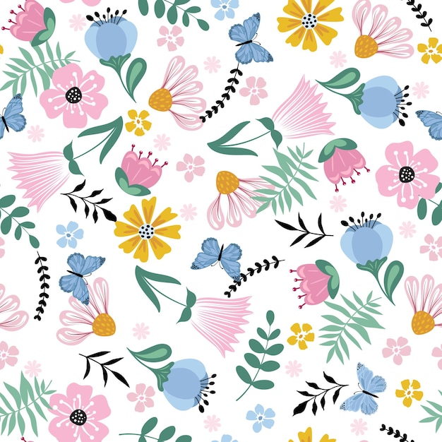 Cute bright background with cute flowers and butterfly Seamless flowers pattern