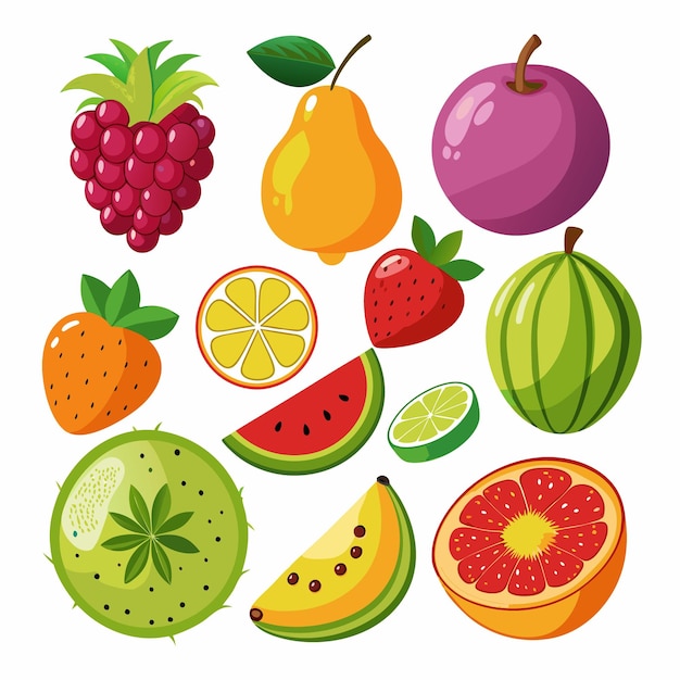 Vector cute bright colors of fruits vector collections set of fruits are apple lemon banana orange pear pineapple grapes cherries strawberry and blueberries