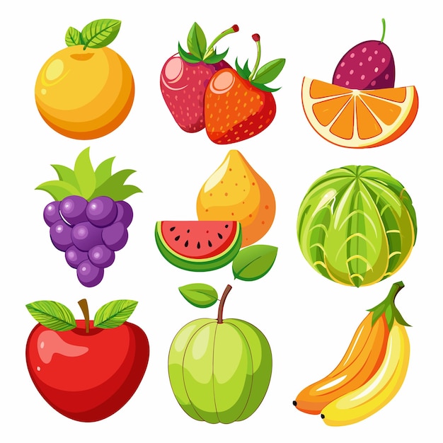 Vector cute bright colors of fruits vector collections set of fruits are apple lemon banana orange pear