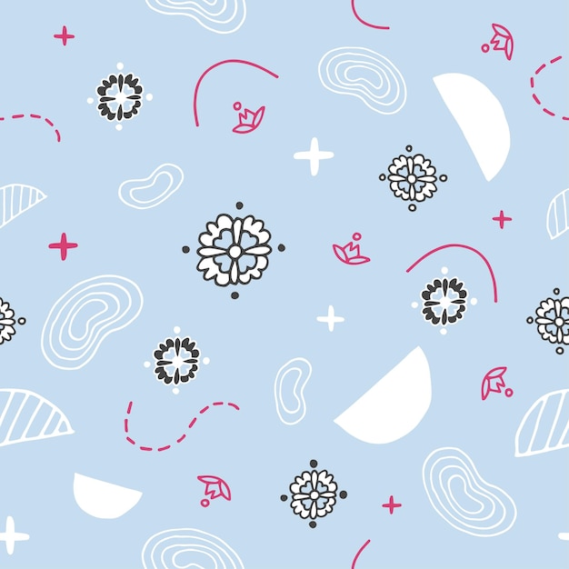 Cute and bright space vector pattern or print for dreamers. A set of several contrasting tiny icons on a pale blue background for various incarnations