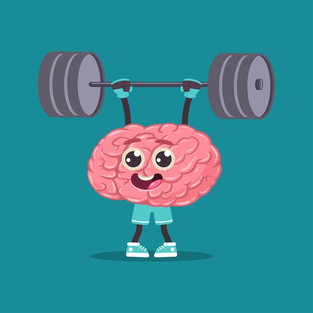 Cute brin with barbell doing fitness exercises. Vector cartoon human internal organ character isolated on space.