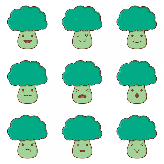 Cute Broccoli Illustration Set Collection. Cartoon Character Bundle