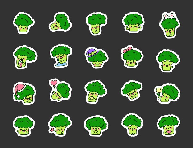 Vector cute broccoli with funny face sticker bookmark