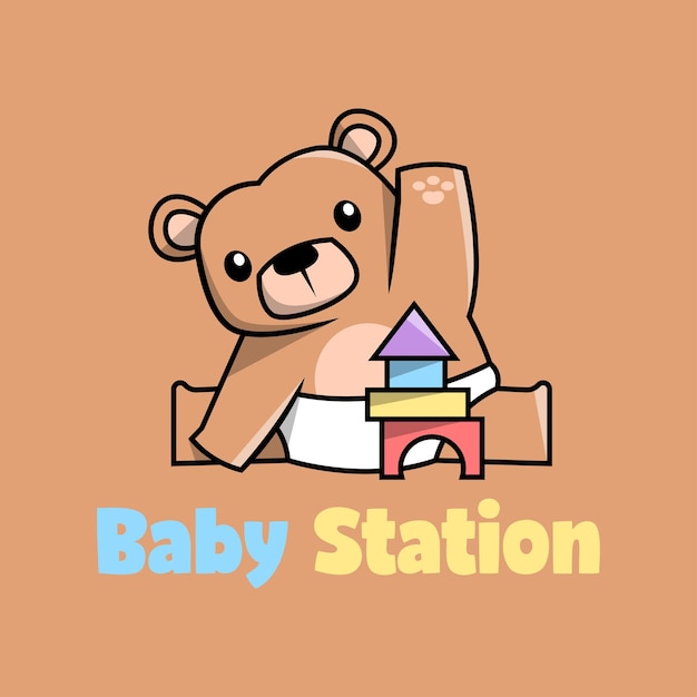 A CUTE BROWN BEAR IS PLAYING WITH WOOD BEAMS AND GIVES A GREETING PREMIUM CARTOON LOGO