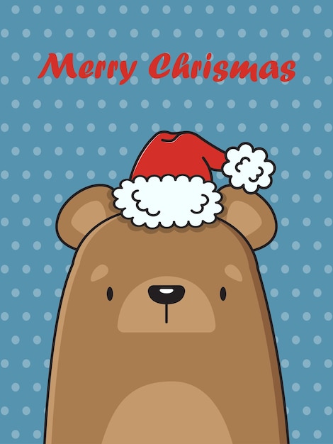 Cute brown bear in a Santa Claus hat Vector Christmas card Vector illustration