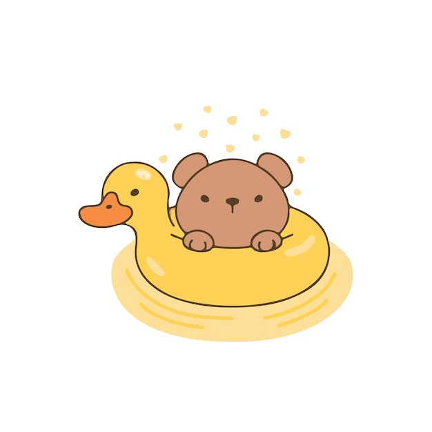 Cute brown bear swimming with a yellow duck buoy