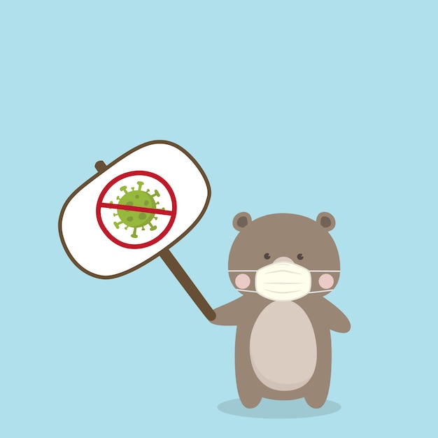 Cute Brown Bear wearing medical mask on sky blue background. Coronavirus (COVID-19)  Illustration.  Kawaii Teddy Bear.