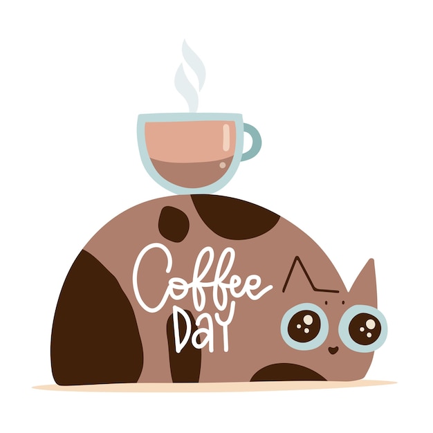 Cute brown cat is holding a large cup of coffee on his back isolated concept with lettering inscript