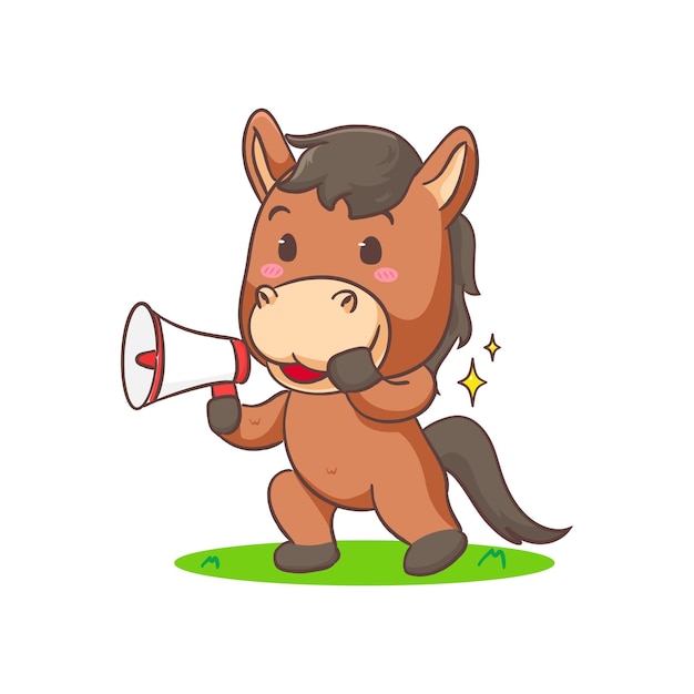 Cute brown horse cartoon holding megaphone isolated white background Adorable kawaii animal concept