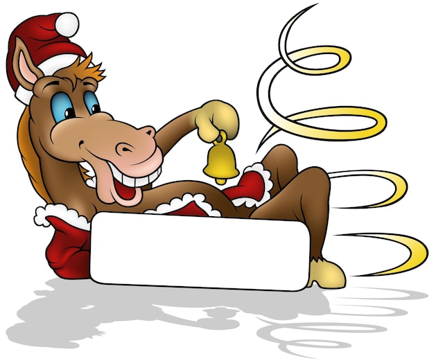 Cute Brown Horse in Santa Claus Costume with Golden Bell in Hand