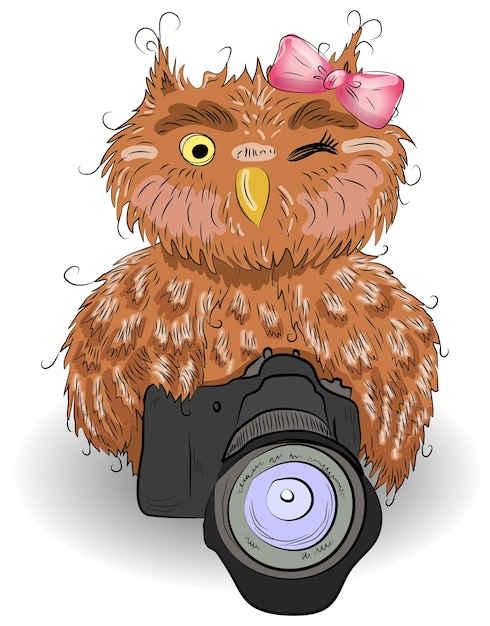 Cute brown owl with a camera and bow handdrawing watercolor sketch