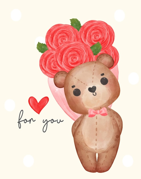 Cute brown teddy bear doll hinding roses bouquet behide adorable cartoon watercolor hand drawn vector illustratrion