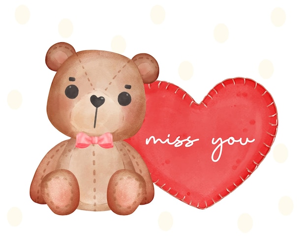 Cute brown teddy bear sitting next to red heart miss you pillow adorable cartoon watercolor hand drawn vector illustratrion