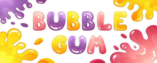 Cute Bubble Gum text lettering with colorful letters and splashes around Vector trendy illustration in cartoon style