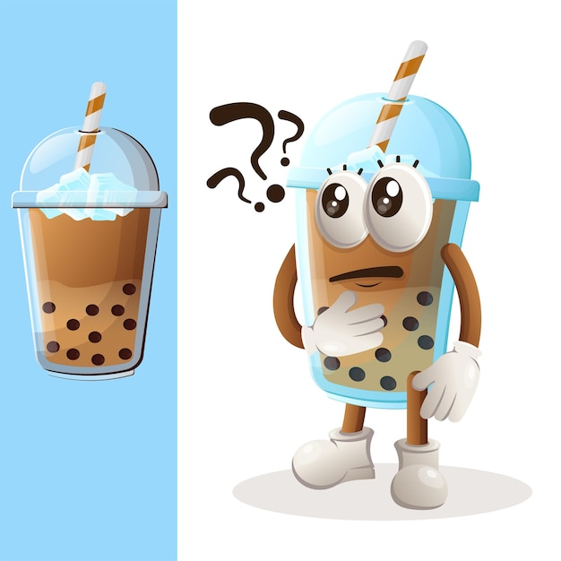 Cute Bubble Tea mascot asking questions