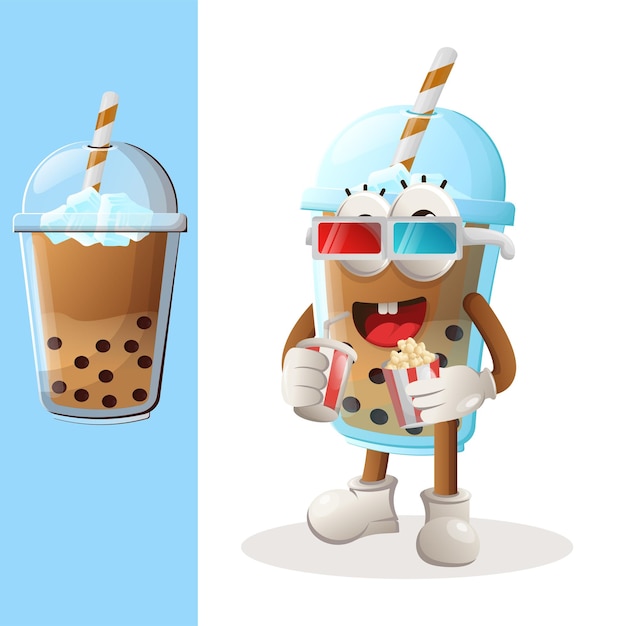 Cute Bubble Tea mascot watching movie with holding soda and popcorn