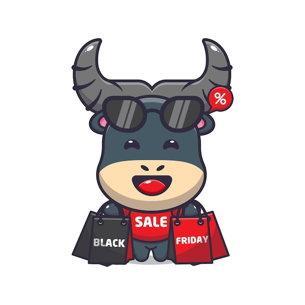 Cute buffalo in black friday cartoon mascot illustration