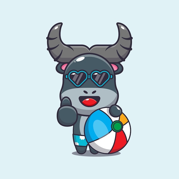 Cute buffalo cartoon mascot character with beach ball