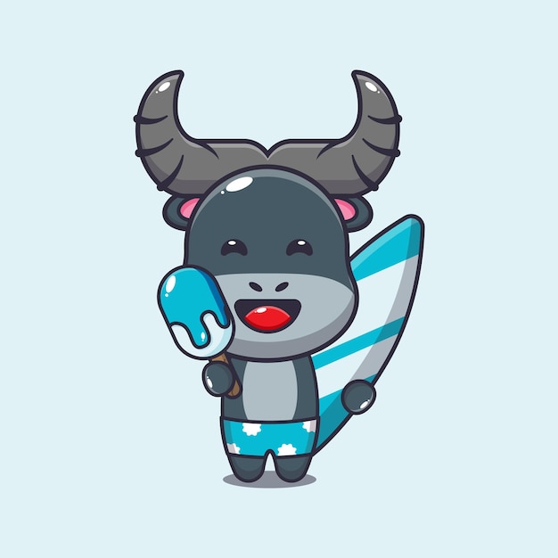 Cute buffalo cartoon mascot character with surfboard holding ice